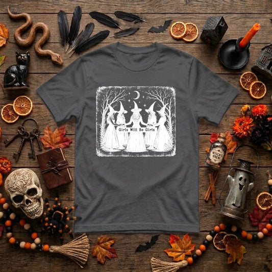 Girls Will Be Girls Witch Halloween Shirt | Vintage Witchy Coven, Spooky Season & Feminist Graphic Tee