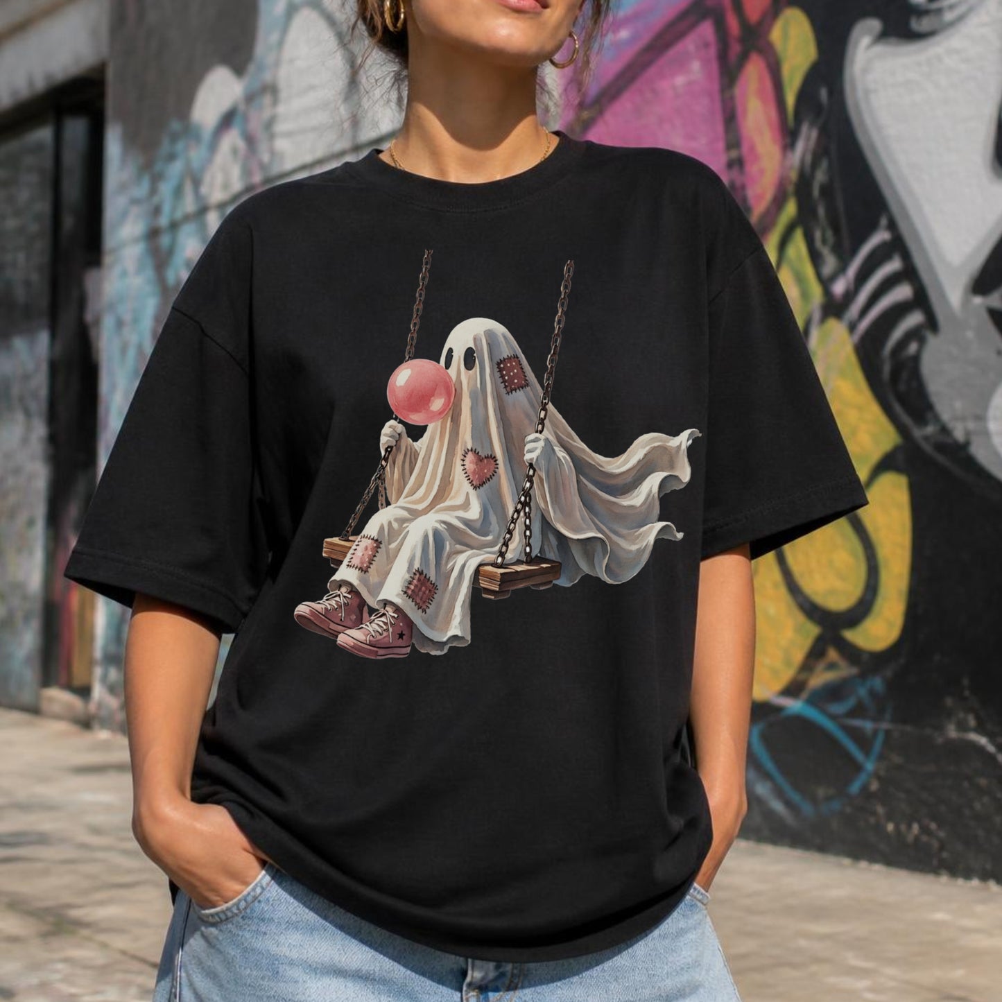 Ghost Halloween Shirt | Cute Spooky Ghost, Pink Bubblegum & Cozy Fall Graphic Tee