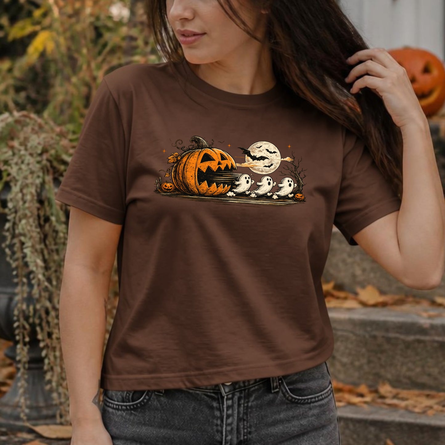 Halloween Pumpkin Ghost Shirt | Spooky Arcade Gamer, Retro Pumpkin & Ghost Graphic Tee