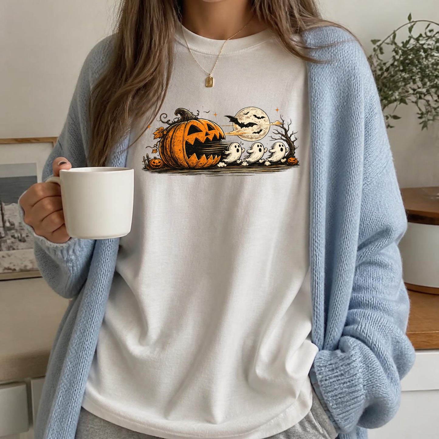 Halloween Pumpkin Ghost Shirt | Spooky Arcade Gamer, Retro Pumpkin & Ghost Graphic Tee