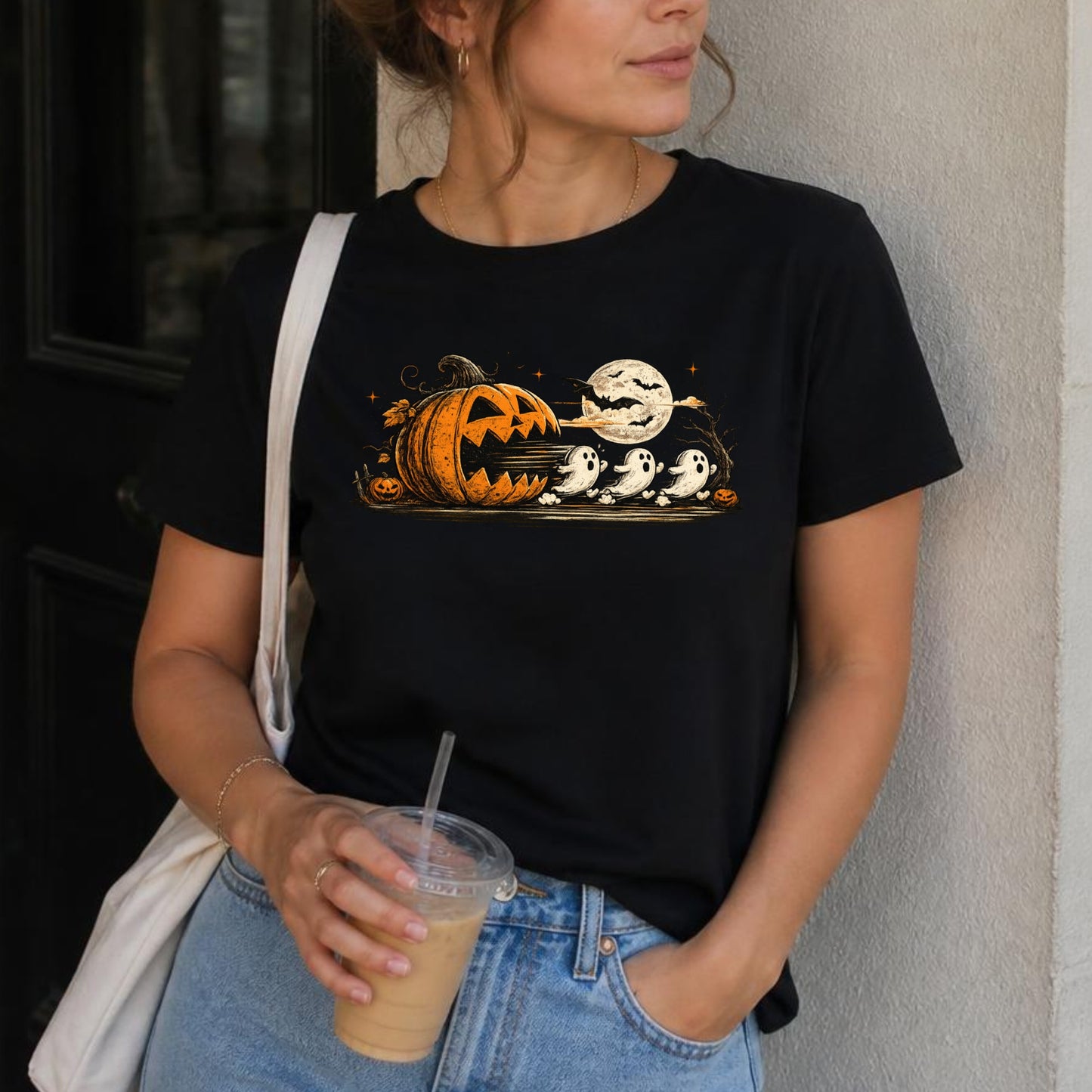 Halloween Pumpkin Ghost Shirt | Spooky Arcade Gamer, Retro Pumpkin & Ghost Graphic Tee