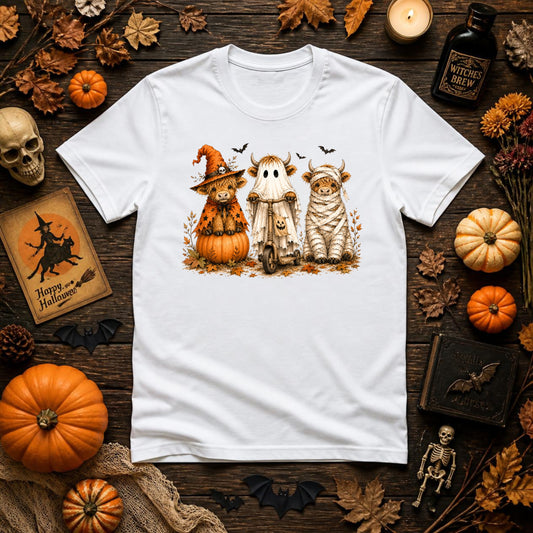 Halloween Highland Cow Shirt | Spooky Farm Animal, Witch Ghost Mummy & Fall Graphic Tee
