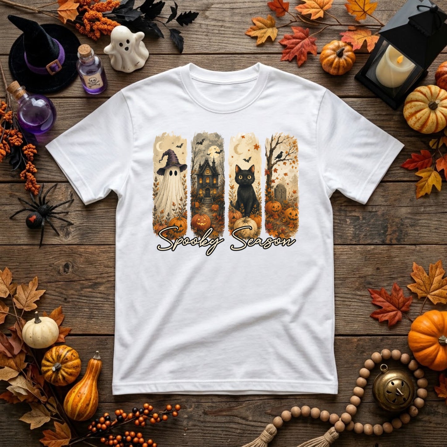 Spooky Season Halloween Shirt | Ghost, Black Cat, Haunted House & Retro Fall Graphic Tee