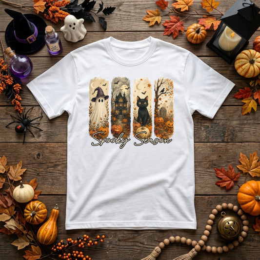 Spooky Season Halloween Shirt | Ghost, Black Cat, Haunted House & Retro Fall Graphic Tee