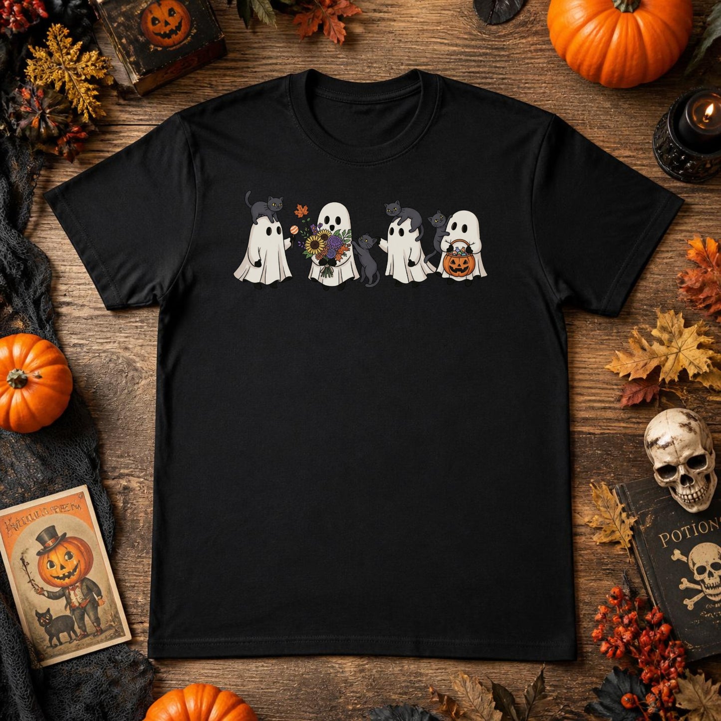 Ghost Cat Halloween Shirt | Cute Black Cat, Spooky Season & Retro Fall Graphic Tee