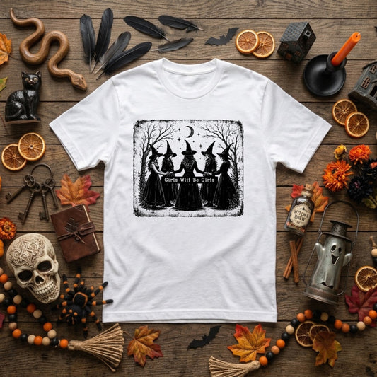 Girls Will Be Girls Witch Halloween Shirt | Vintage Witchy Coven, Spooky Season & Feminist Graphic Tee
