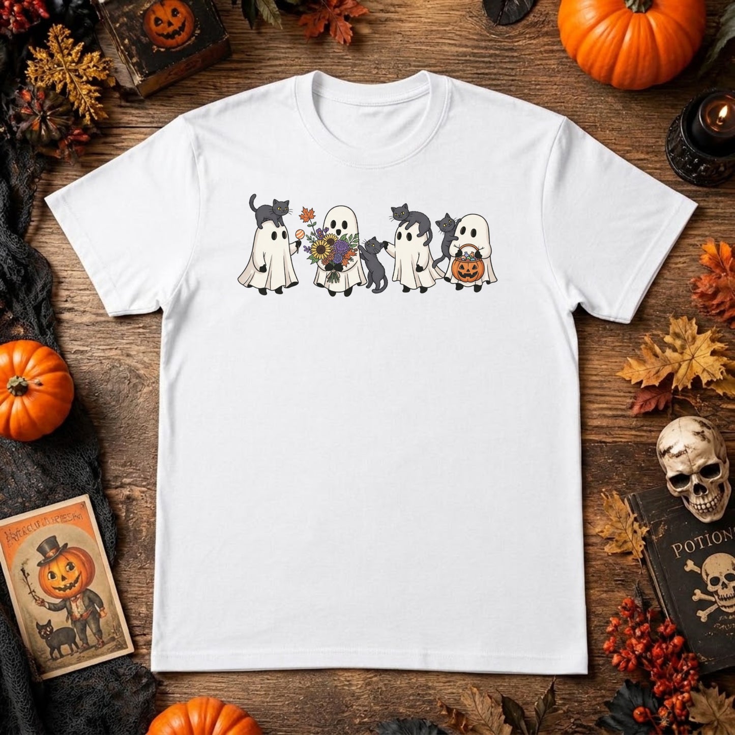 Ghost Cat Halloween Shirt | Cute Black Cat, Spooky Season & Retro Fall Graphic Tee