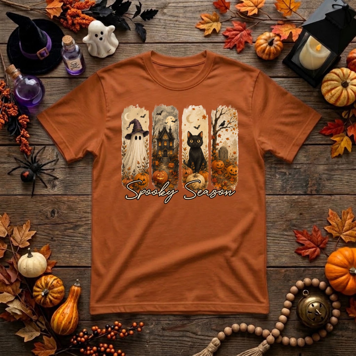 Spooky Season Halloween Shirt | Ghost, Black Cat, Haunted House & Retro Fall Graphic Tee