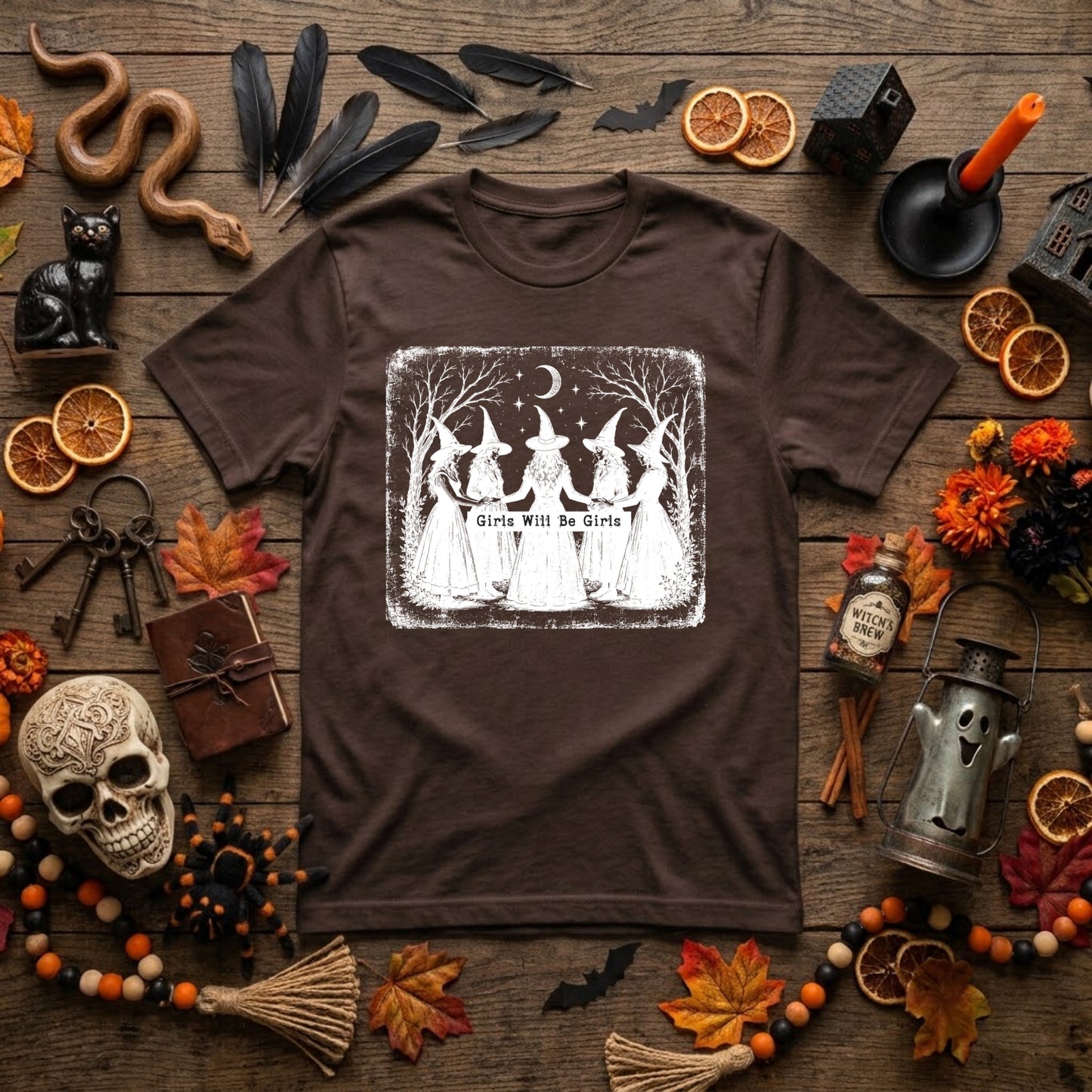 Girls Will Be Girls Witch Halloween Shirt | Vintage Witchy Coven, Spooky Season & Feminist Graphic Tee
