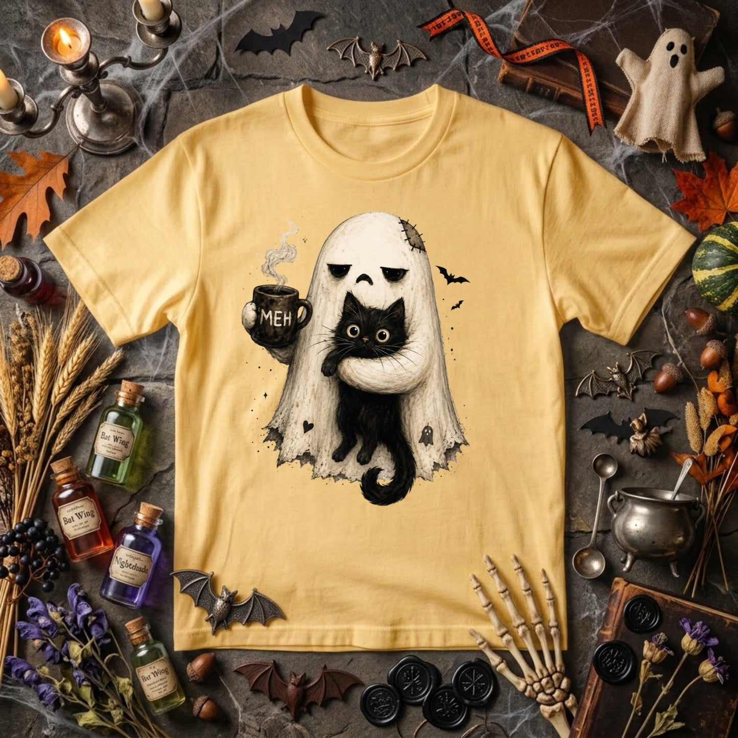 Ghost Cat Halloween Shirt | Spooky Black Cat, Coffee Lover & Cozy Fall Graphic Tee