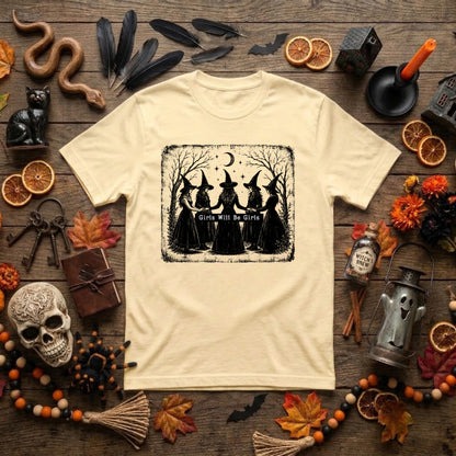 Girls Will Be Girls Witch Halloween Shirt | Vintage Witchy Coven, Spooky Season & Feminist Graphic Tee