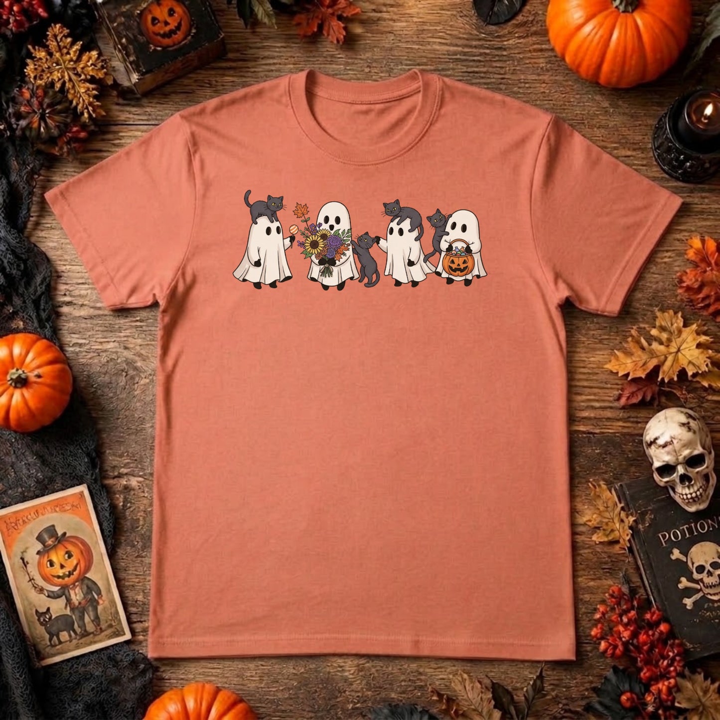 Ghost Cat Halloween Shirt | Cute Black Cat, Spooky Season & Retro Fall Graphic Tee