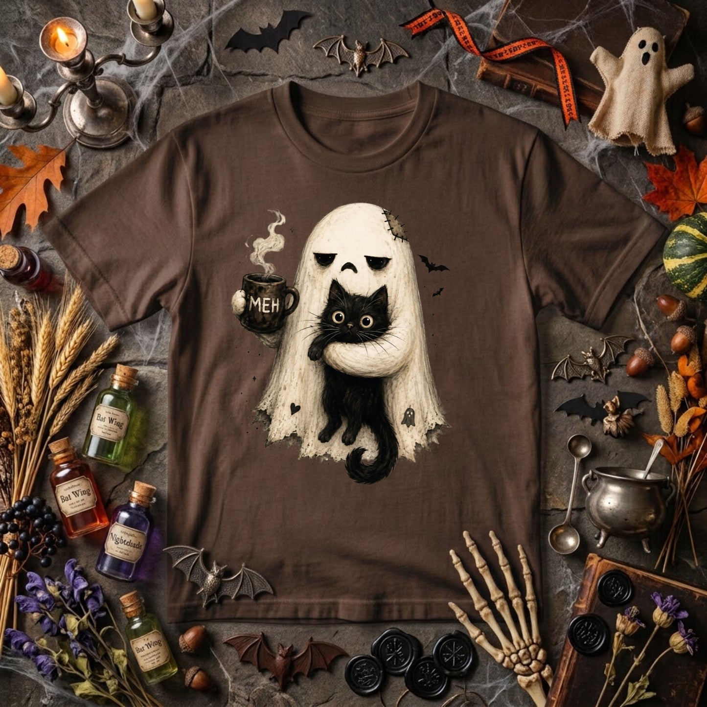 Ghost Cat Halloween Shirt | Spooky Black Cat, Coffee Lover & Cozy Fall Graphic Tee