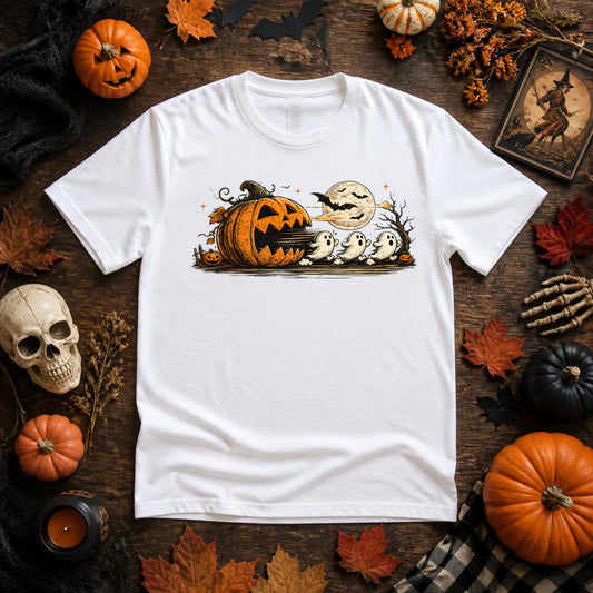 Halloween Pumpkin Ghost Shirt | Spooky Arcade Gamer, Retro Pumpkin & Ghost Graphic Tee