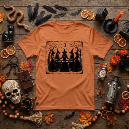 Girls Will Be Girls Witch Halloween Shirt | Vintage Witchy Coven, Spooky Season & Feminist Graphic Tee