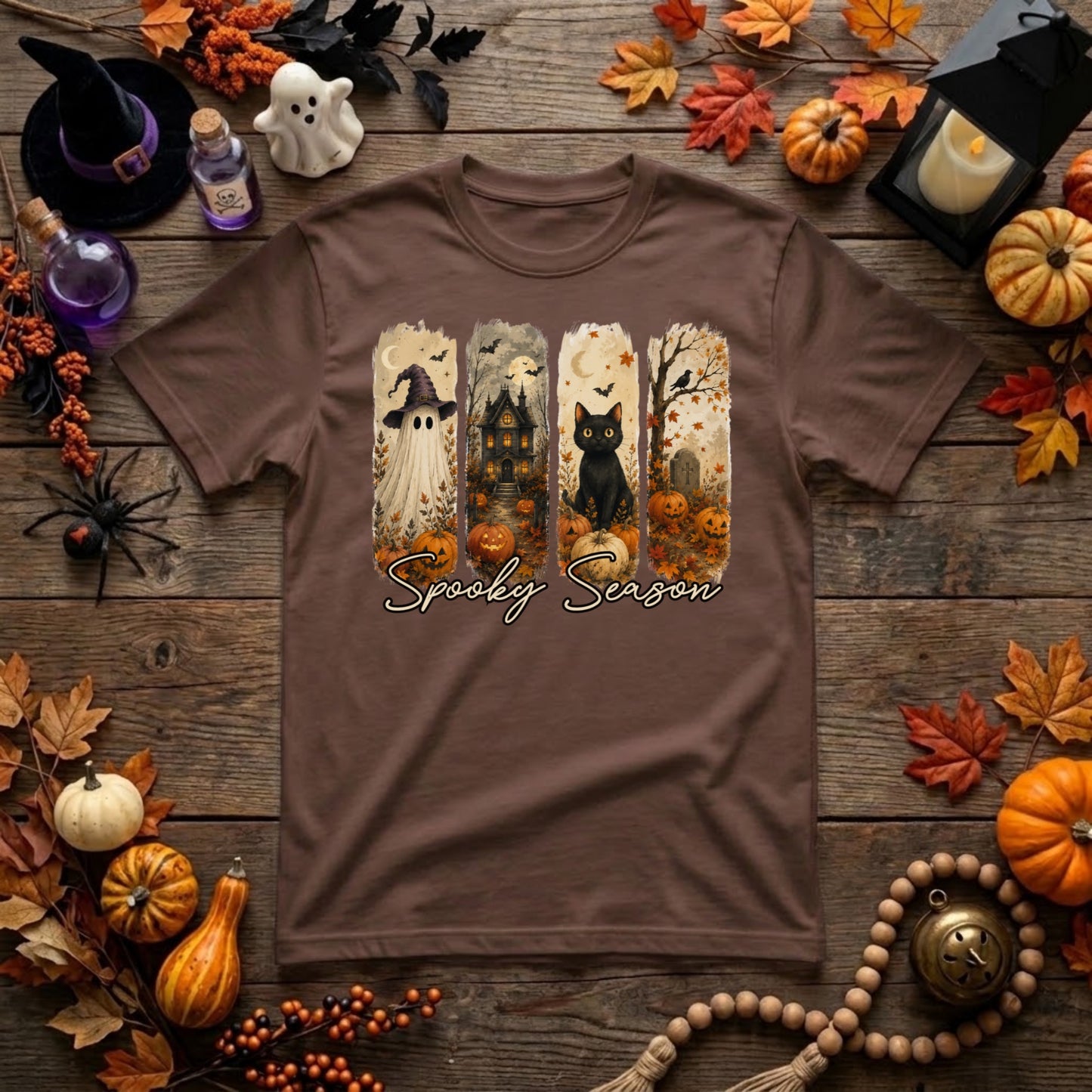 Spooky Season Halloween Shirt | Ghost, Black Cat, Haunted House & Retro Fall Graphic Tee