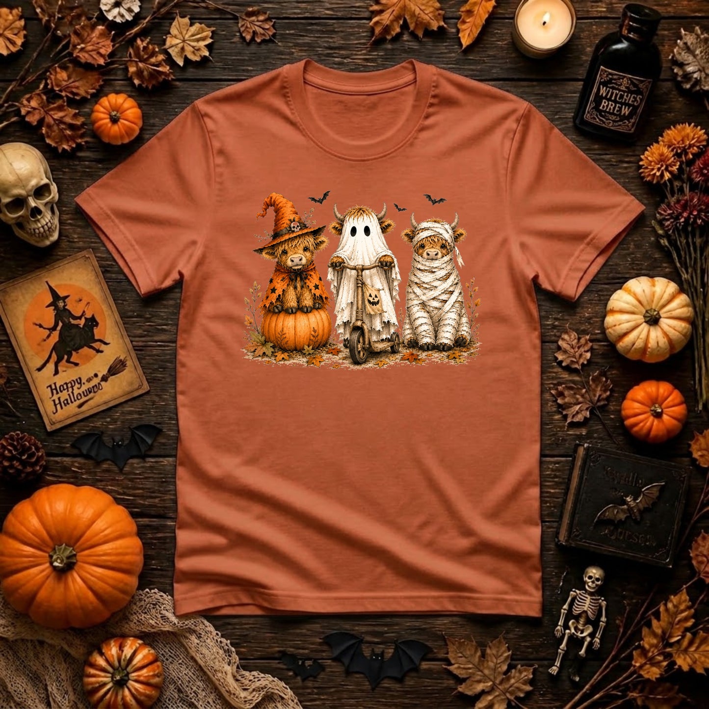 Halloween Highland Cow Shirt | Spooky Farm Animal, Witch Ghost Mummy & Fall Graphic Tee