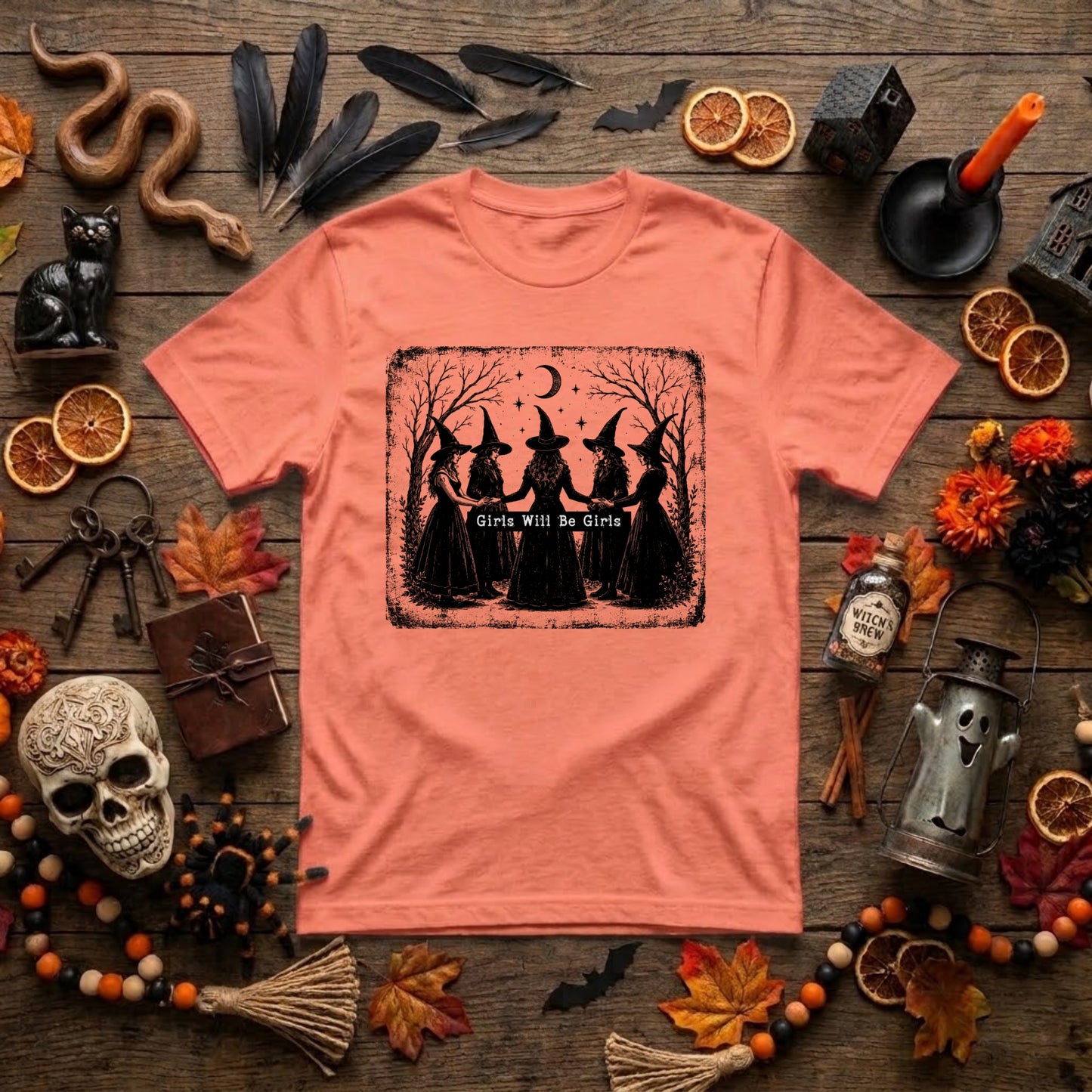 Girls Will Be Girls Witch Halloween Shirt | Vintage Witchy Coven, Spooky Season & Feminist Graphic Tee