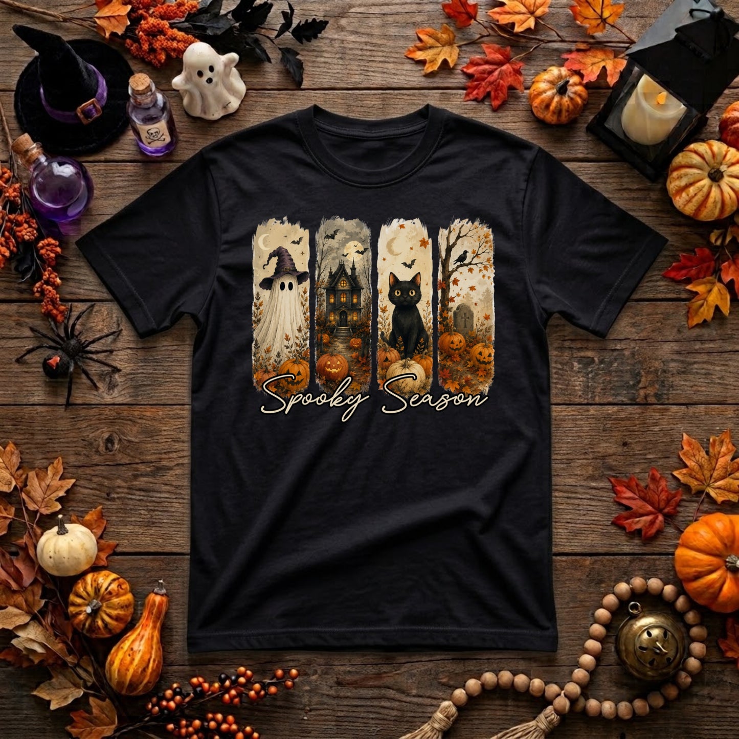 Spooky Season Halloween Shirt | Ghost, Black Cat, Haunted House & Retro Fall Graphic Tee