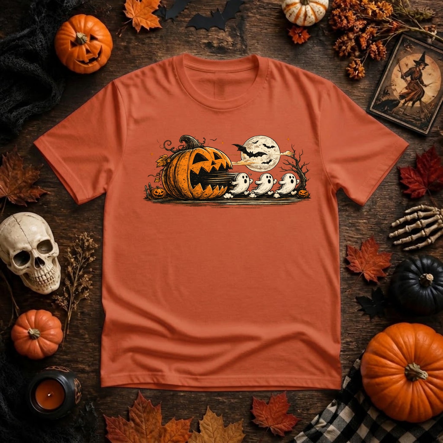 Halloween Pumpkin Ghost Shirt | Spooky Arcade Gamer, Retro Pumpkin & Ghost Graphic Tee