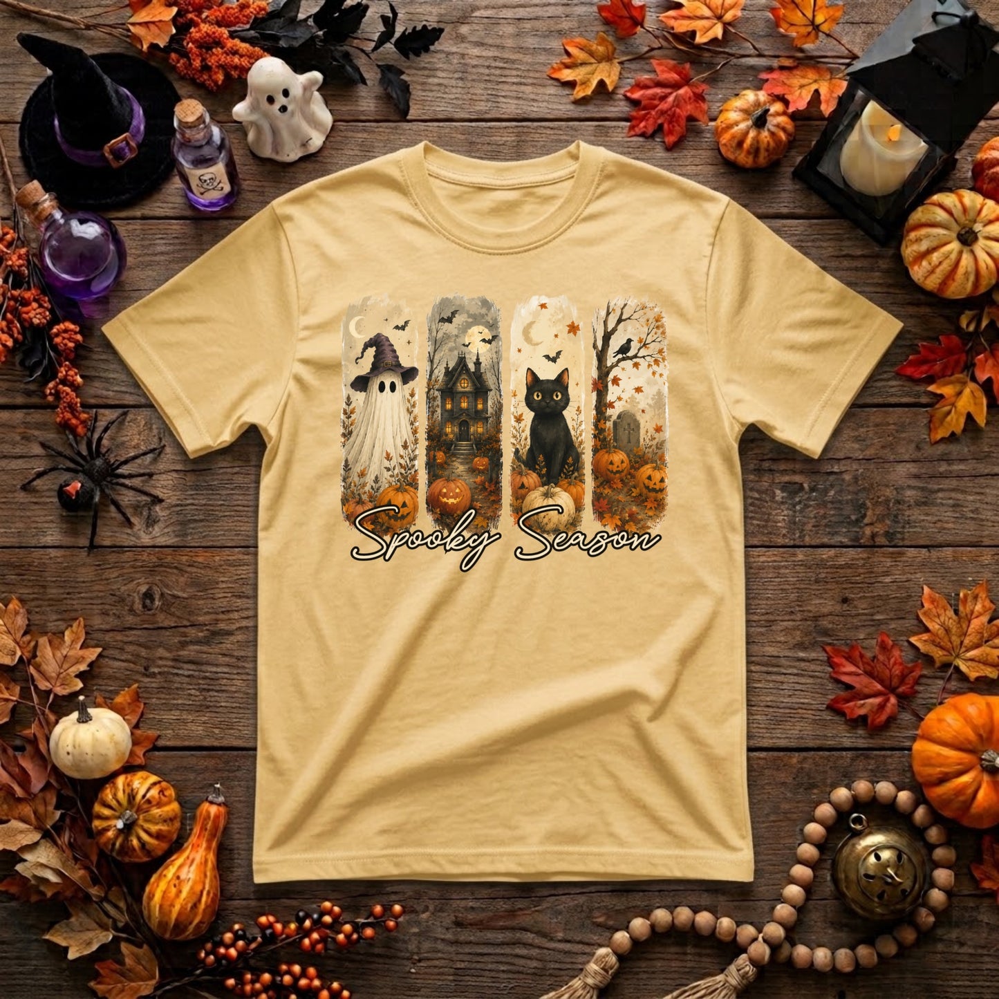 Spooky Season Halloween Shirt | Ghost, Black Cat, Haunted House & Retro Fall Graphic Tee