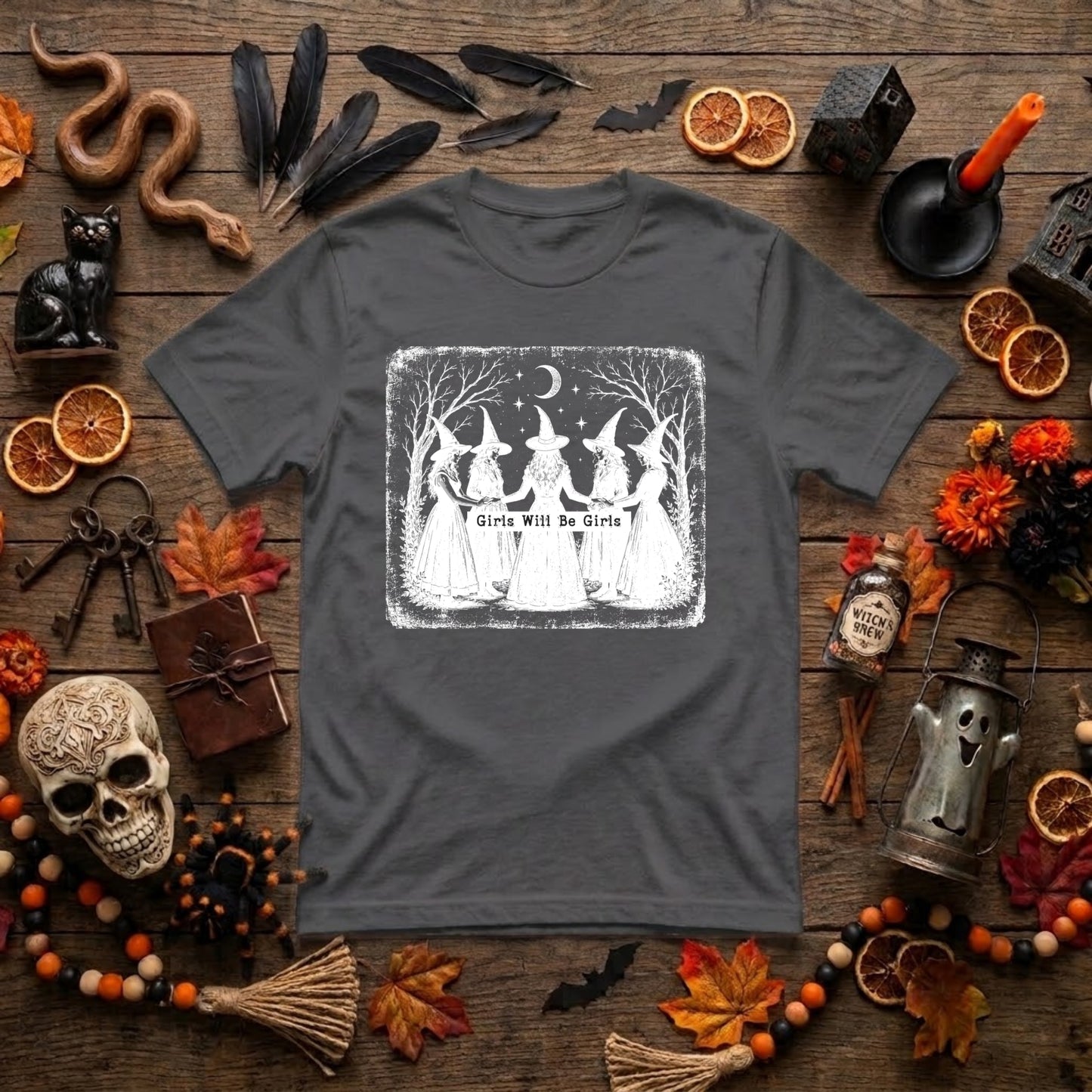 Girls Will Be Girls Witch Halloween Shirt | Vintage Witchy Coven, Spooky Season & Feminist Graphic Tee