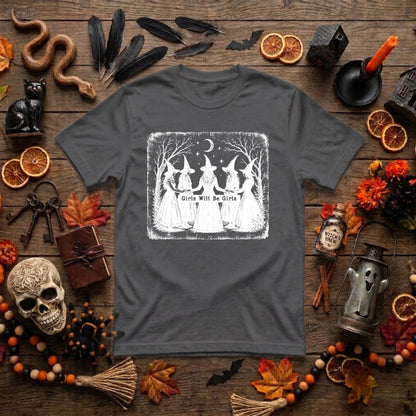 Girls Will Be Girls Witch Halloween Shirt | Vintage Witchy Coven, Spooky Season & Feminist Graphic Tee