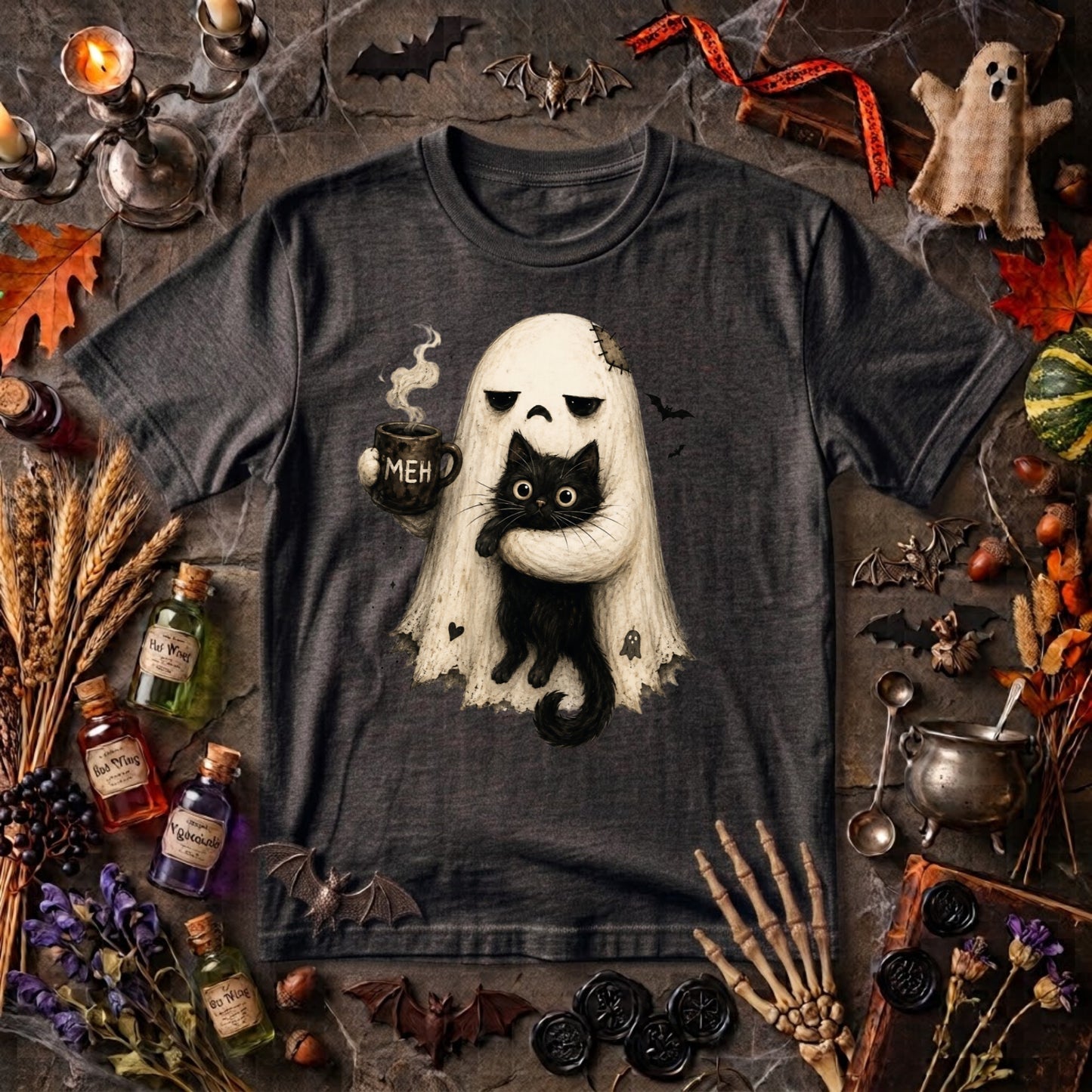 Ghost Cat Halloween Shirt | Spooky Black Cat, Coffee Lover & Cozy Fall Graphic Tee