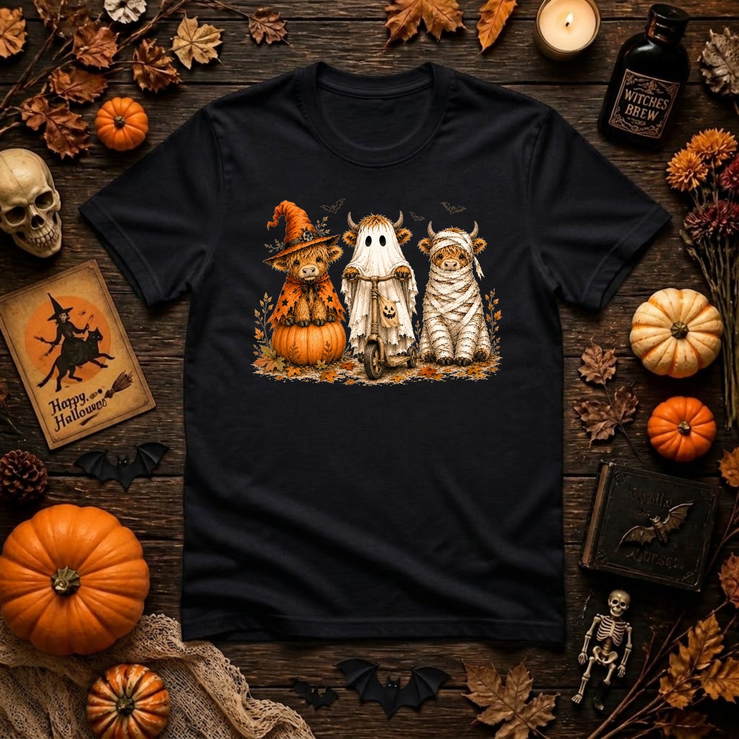 Halloween Highland Cow Shirt | Spooky Farm Animal, Witch Ghost Mummy & Fall Graphic Tee