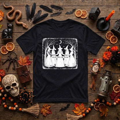 Girls Will Be Girls Witch Halloween Shirt | Vintage Witchy Coven, Spooky Season & Feminist Graphic Tee