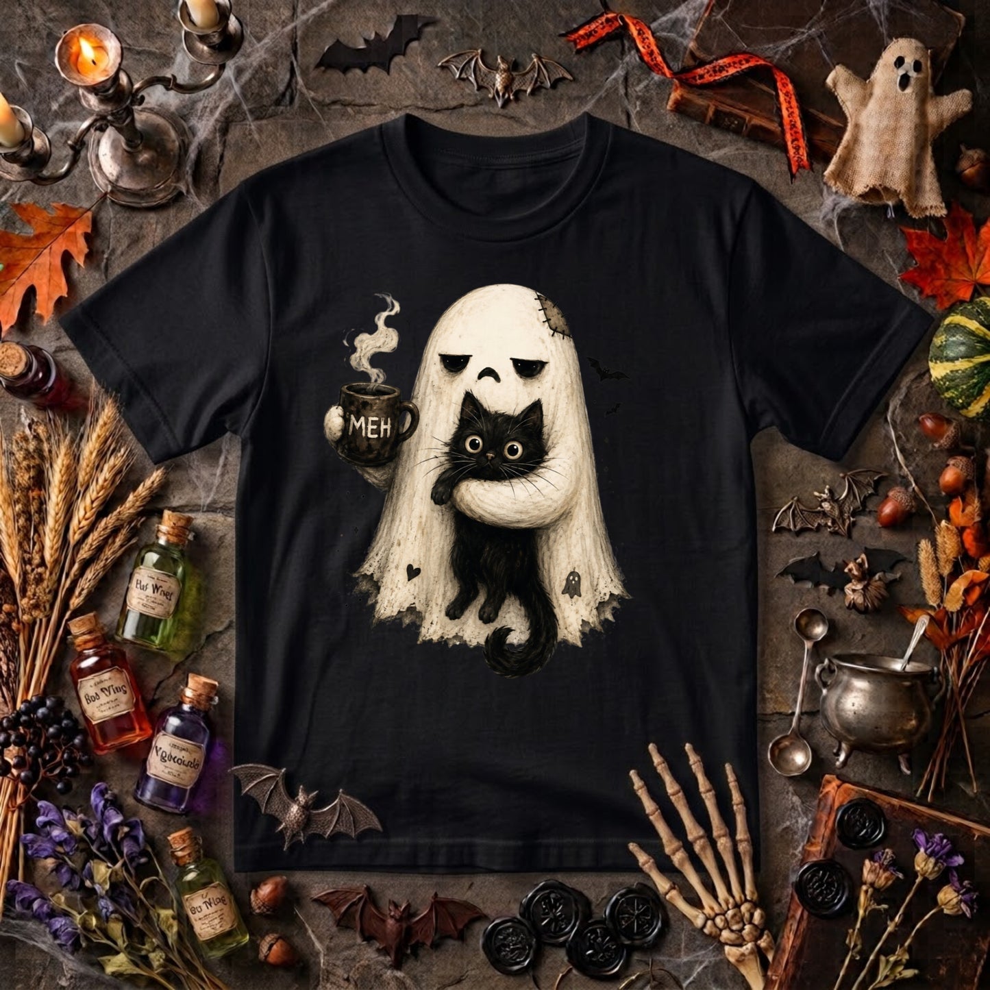 Ghost Cat Halloween Shirt | Spooky Black Cat, Coffee Lover & Cozy Fall Graphic Tee