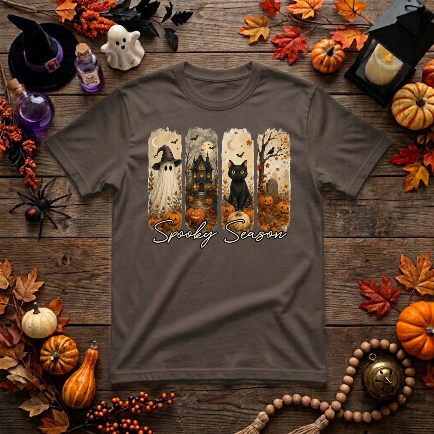 Spooky Season Halloween Shirt | Ghost, Black Cat, Haunted House & Retro Fall Graphic Tee