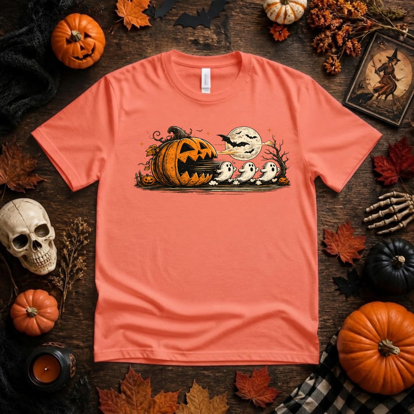 Halloween Pumpkin Ghost Shirt | Spooky Arcade Gamer, Retro Pumpkin & Ghost Graphic Tee