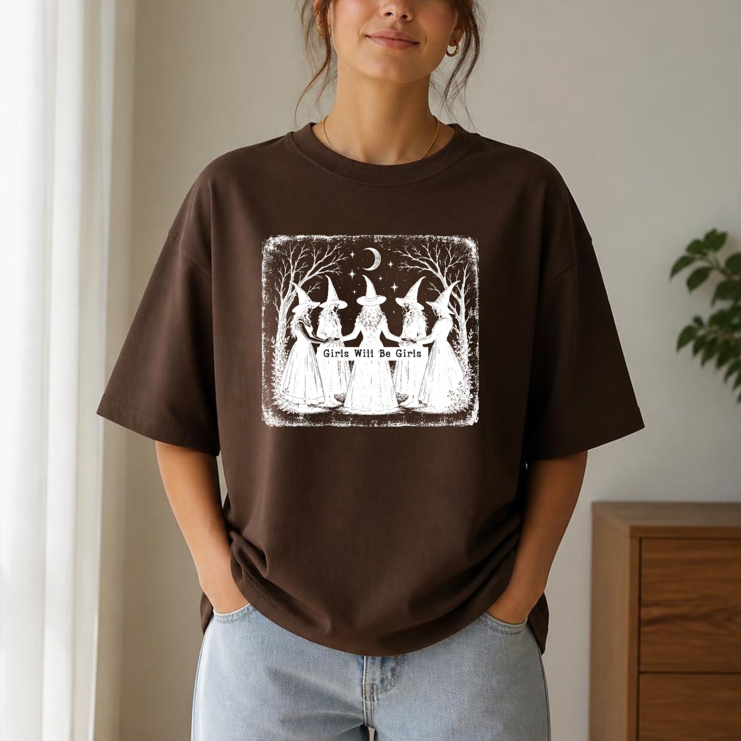 Girls Will Be Girls Witch Halloween Shirt | Vintage Witchy Coven, Spooky Season & Feminist Graphic Tee