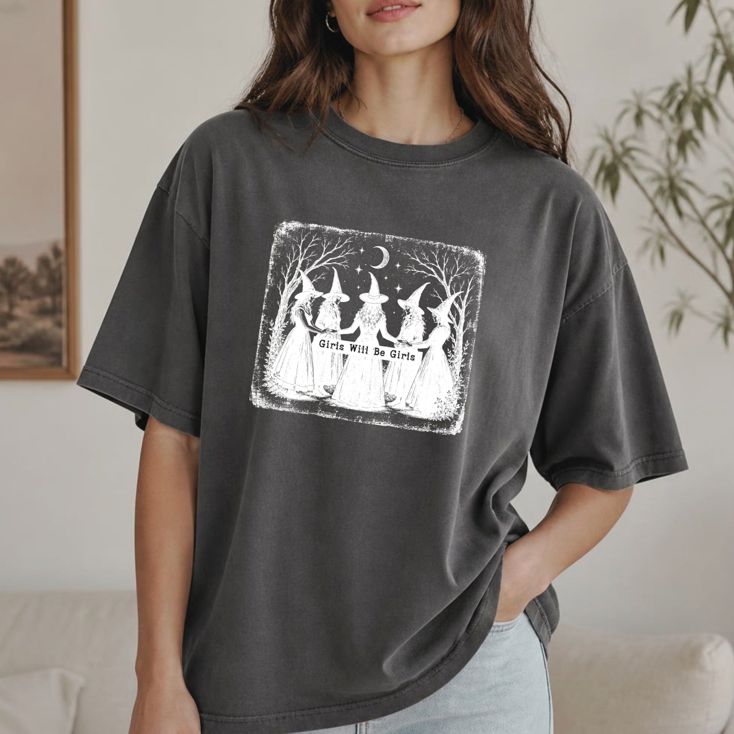 Girls Will Be Girls Witch Halloween Shirt | Vintage Witchy Coven, Spooky Season & Feminist Graphic Tee
