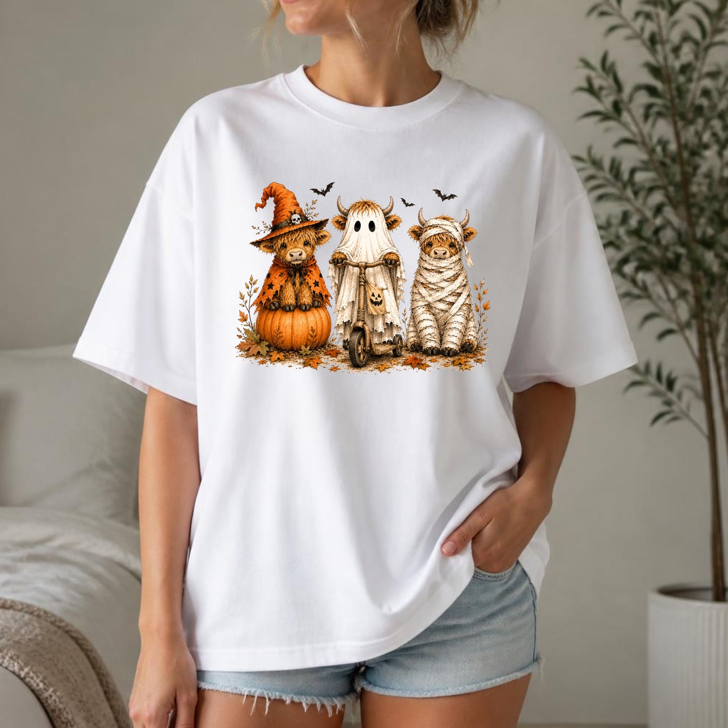 Halloween Highland Cow Shirt | Spooky Farm Animal, Witch Ghost Mummy & Fall Graphic Tee