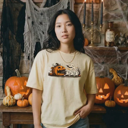 Halloween Pumpkin Ghost Shirt | Spooky Arcade Gamer, Retro Pumpkin & Ghost Graphic Tee